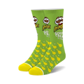 Pair of crew socks in lime green featuring a Pringles Sour Cream & Onion design.  The socks showcase the Pringle's logo and yellow Pringle chips.