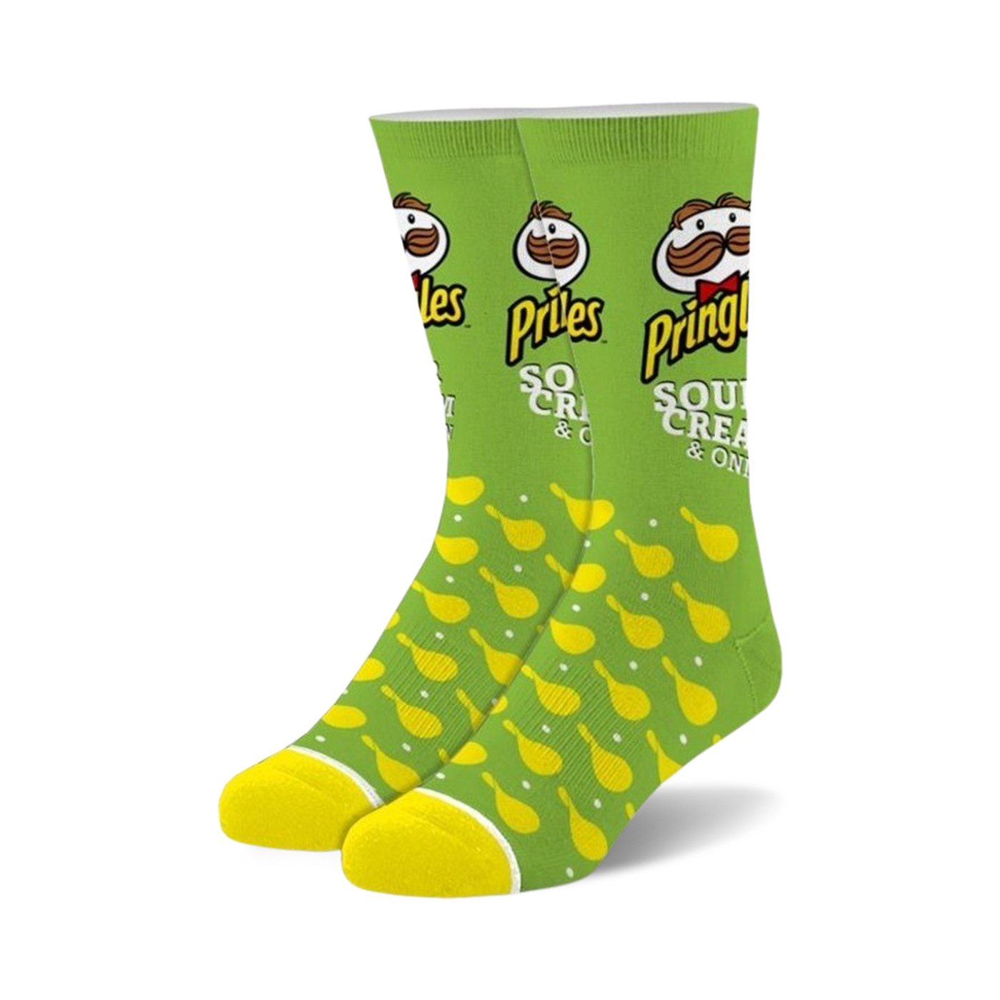 Pair of crew socks in lime green featuring a Pringles Sour Cream & Onion design.  The socks showcase the Pringle's logo and yellow Pringle chips.