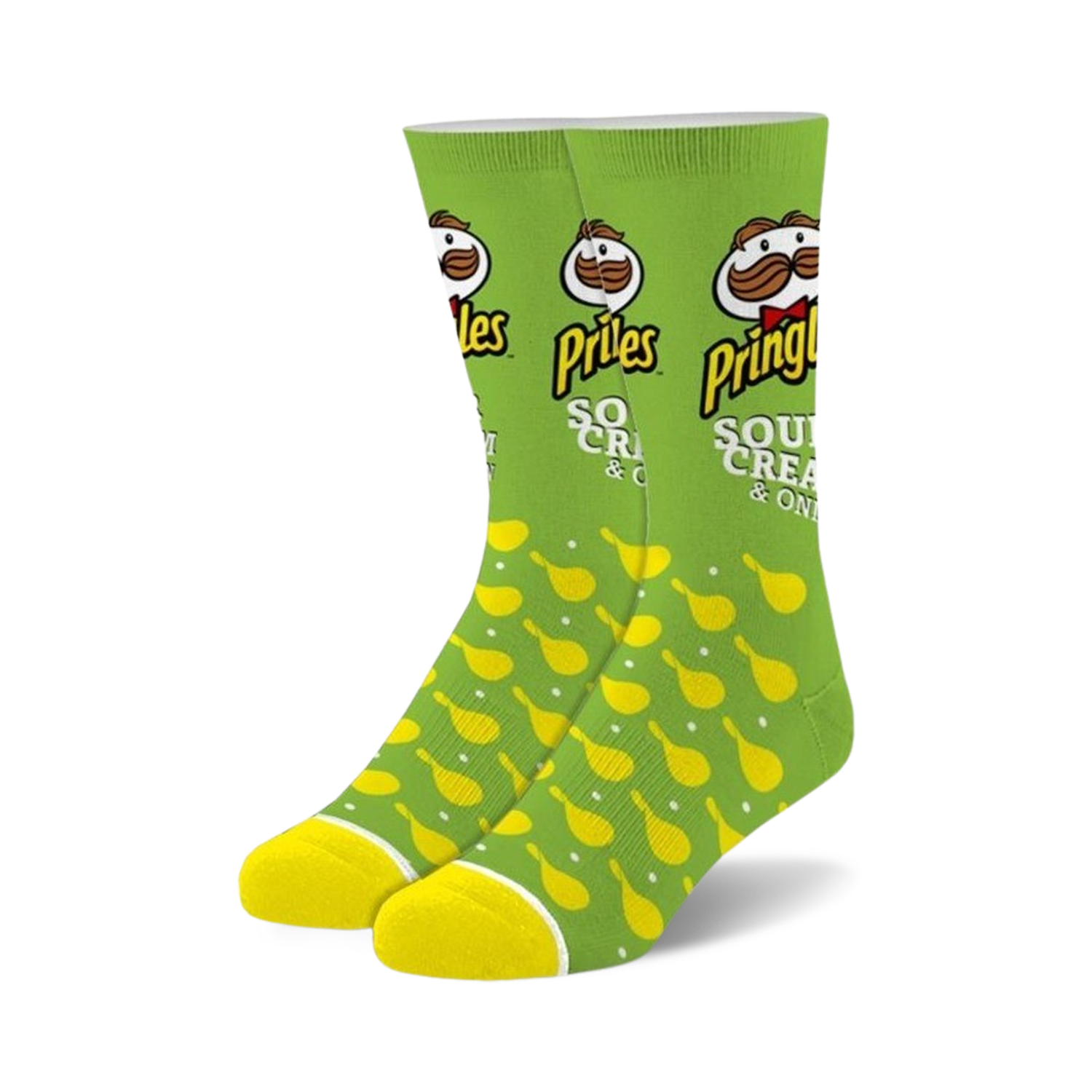 Pair of crew socks in lime green featuring a Pringles Sour Cream & Onion design.  The socks showcase the Pringle's logo and yellow Pringle chips.