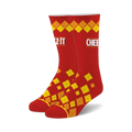 Pair of red crew socks featuring a repeating pattern of yellow Cheez-It crackers. The Cheez-It logo is visible on the socks.