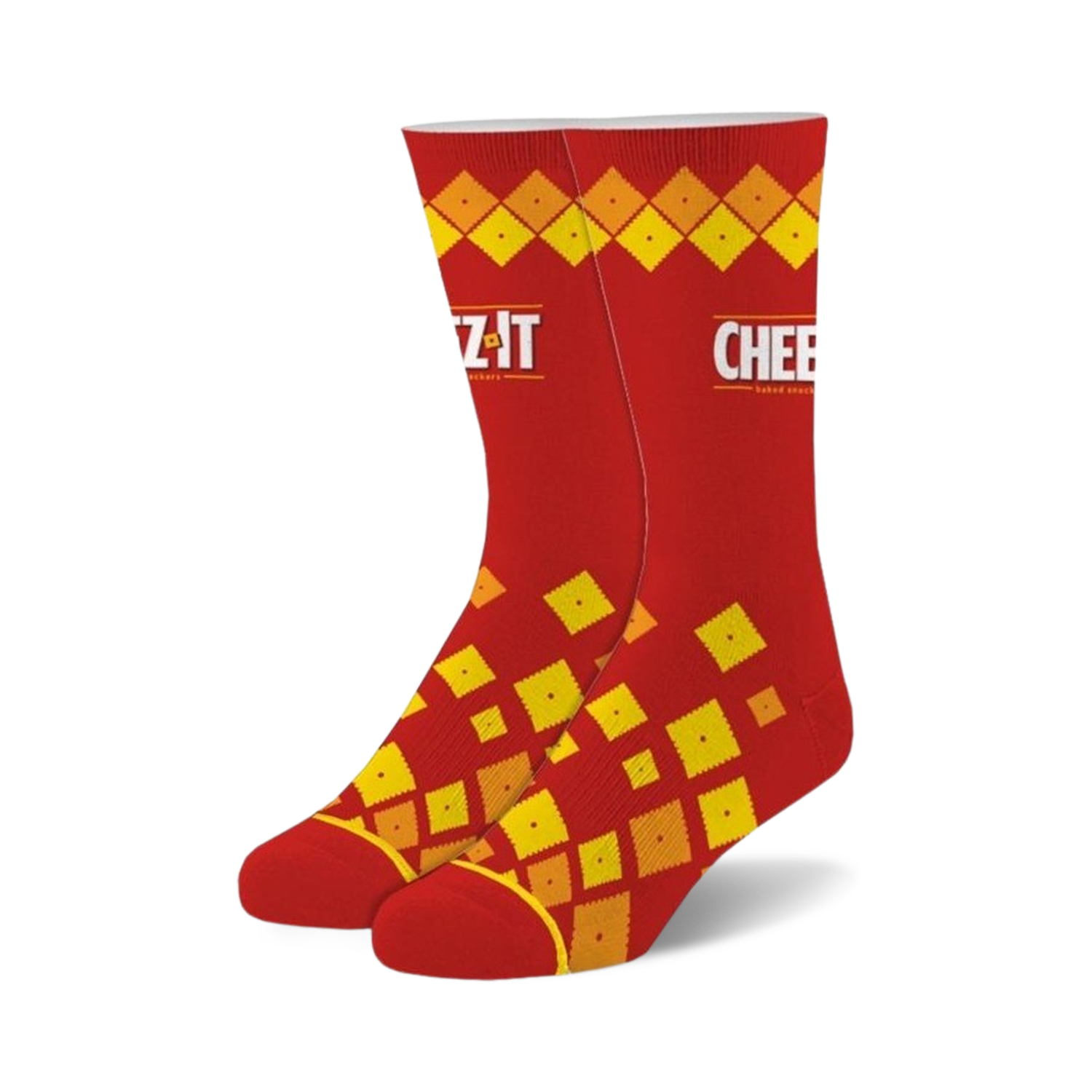 Pair of red crew socks featuring a repeating pattern of yellow Cheez-It crackers. The Cheez-It logo is visible on the socks.