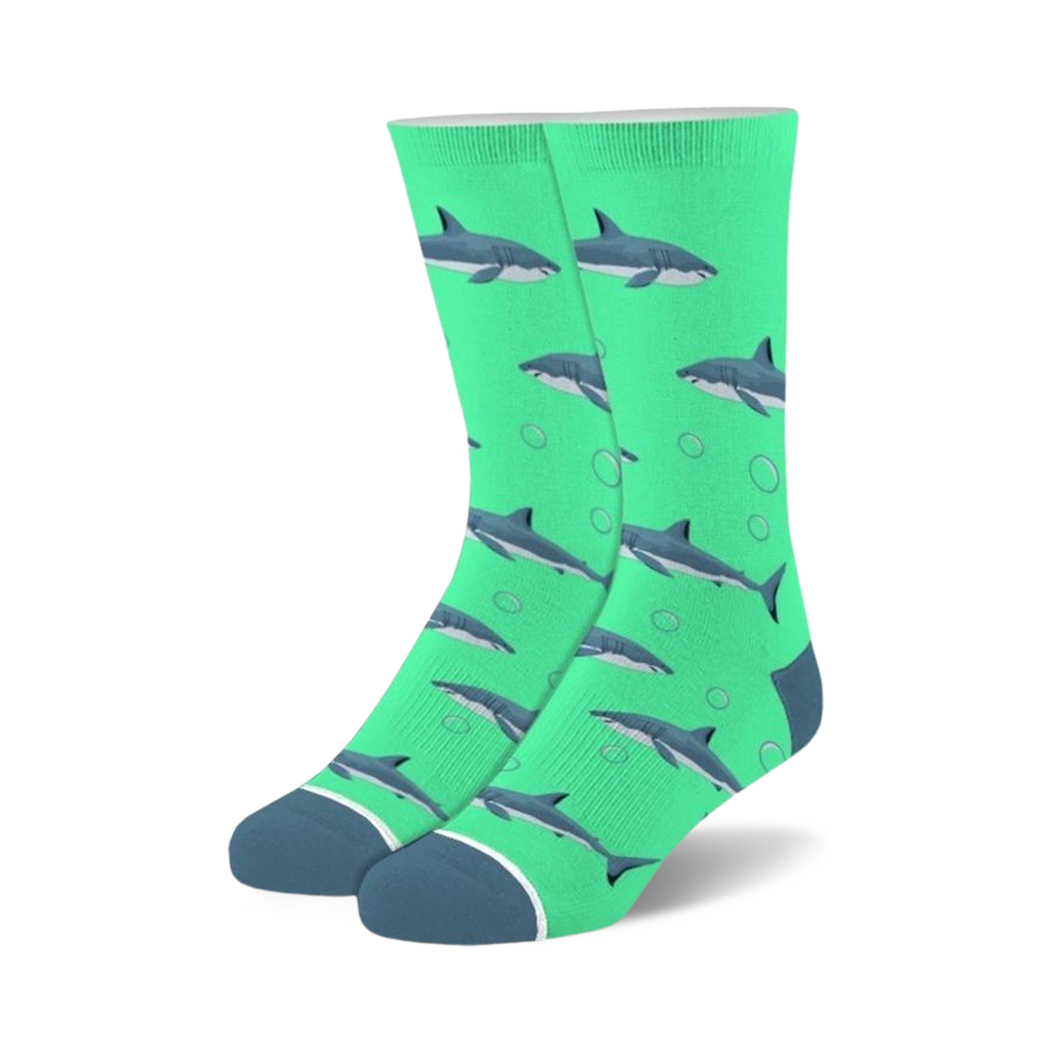 Pair of teal crew socks with a pattern of gray sharks and white bubbles. 
