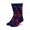 Pair of navy blue crew socks with a fun all-over print of red lobsters. 