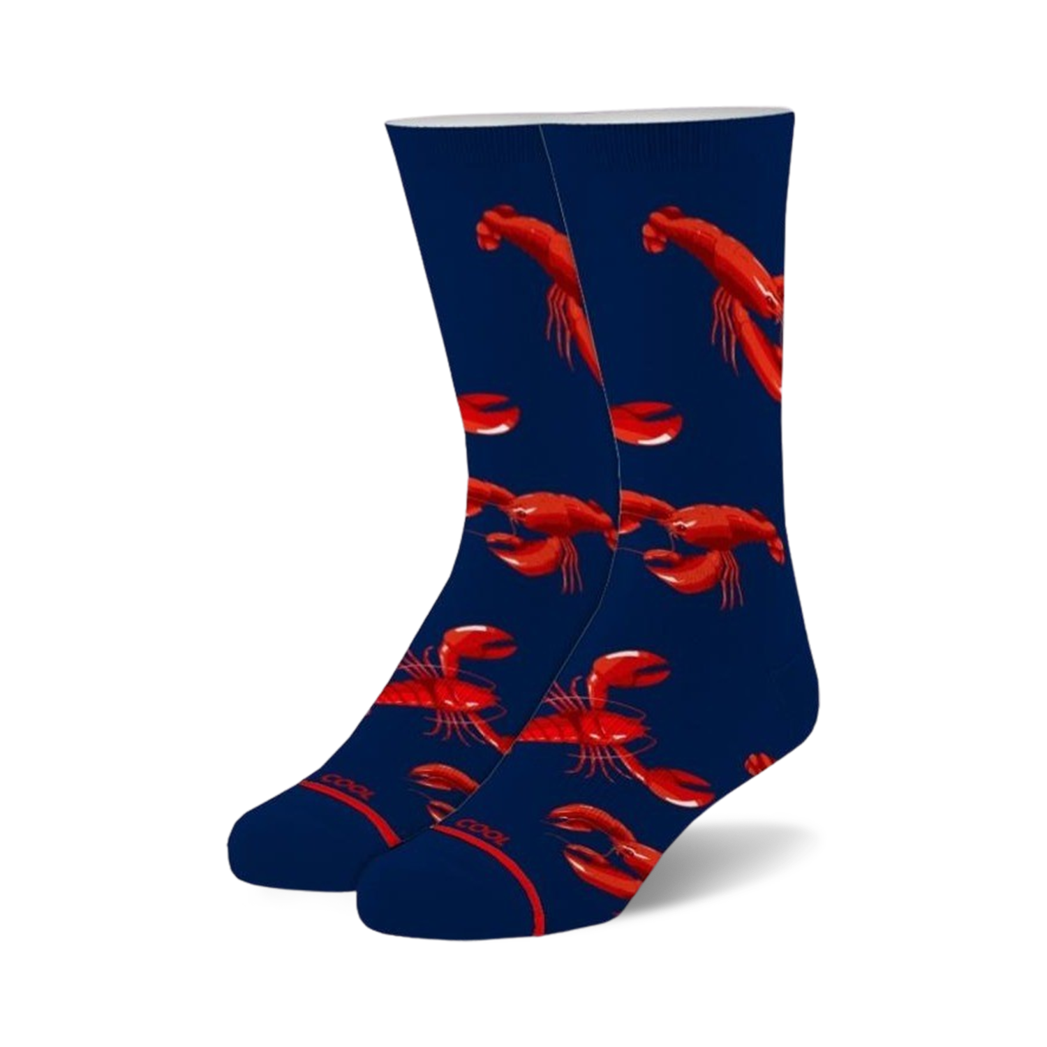 Pair of navy blue crew socks with a fun all-over print of red lobsters. 