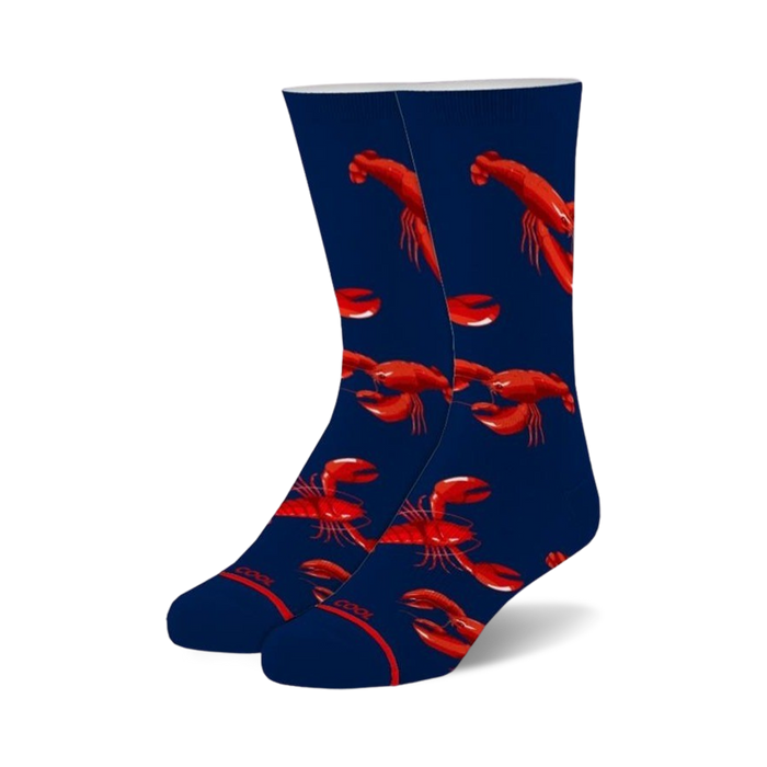  dark blue crew socks with red lobster pattern. made for men and women.   }}