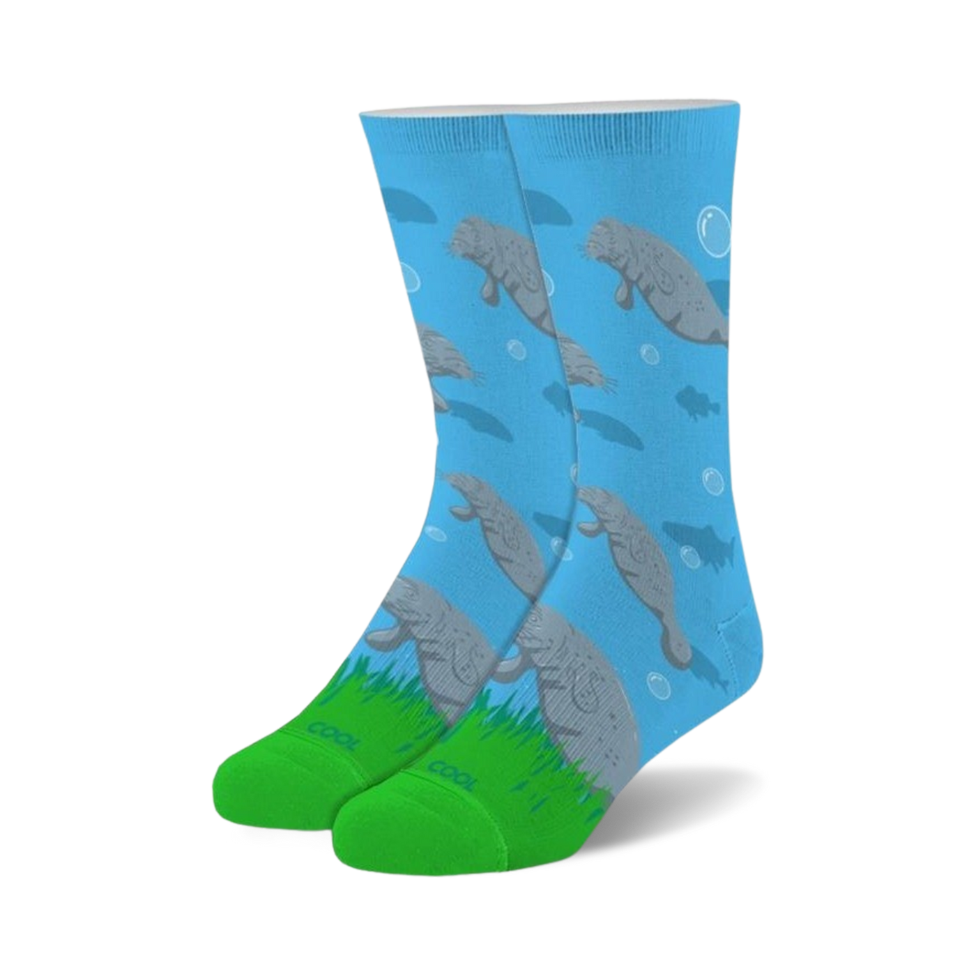 Crew socks in light blue with a repeating pattern of gray manatees swimming amongst bubbles and small fish. Green cuffs complete the design.