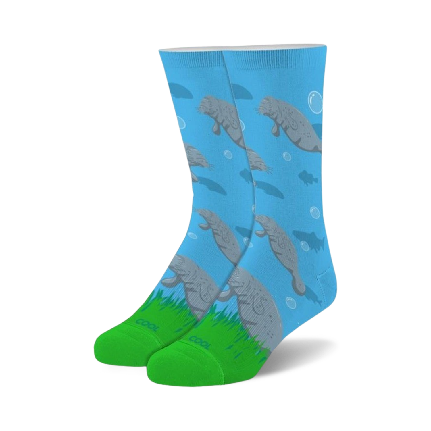Crew socks in light blue with a repeating pattern of gray manatees swimming amongst bubbles and small fish. Green cuffs complete the design.