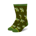 A pair of crew socks in olive green with a repeating pattern of illustrated yellow and green bass fish. 