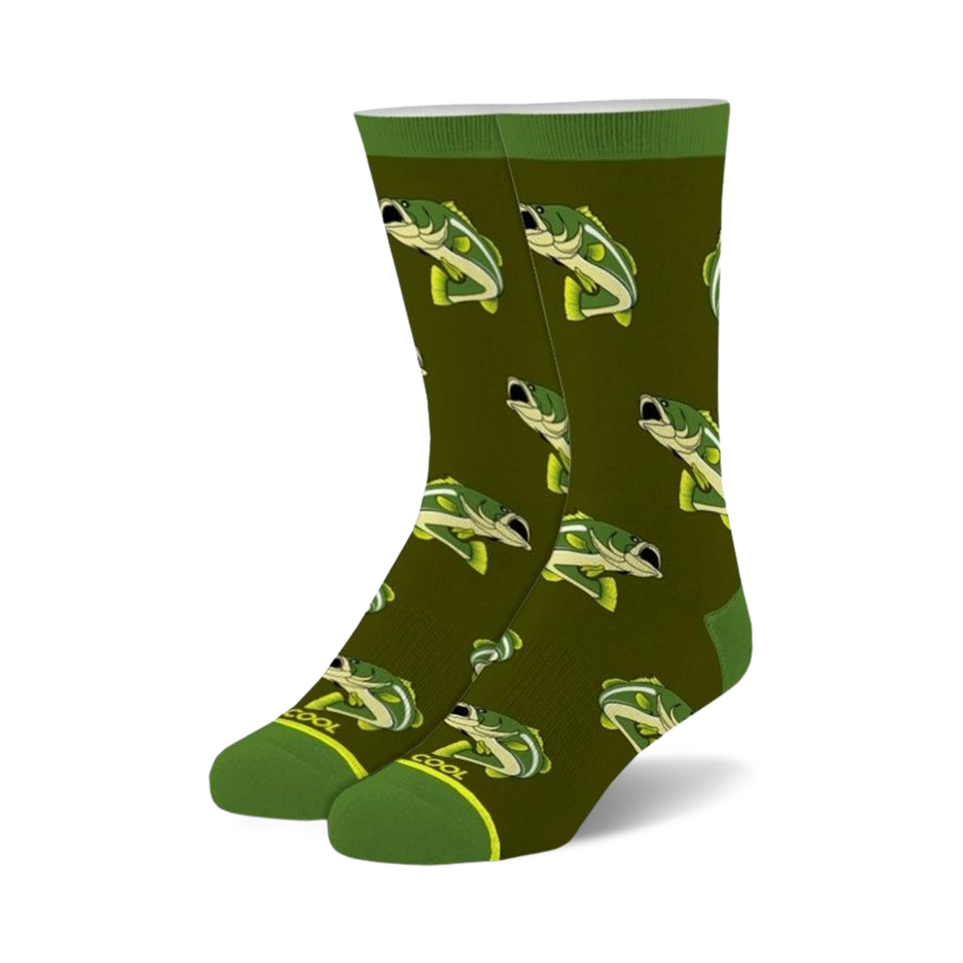 A pair of crew socks in olive green with a repeating pattern of illustrated yellow and green bass fish. 