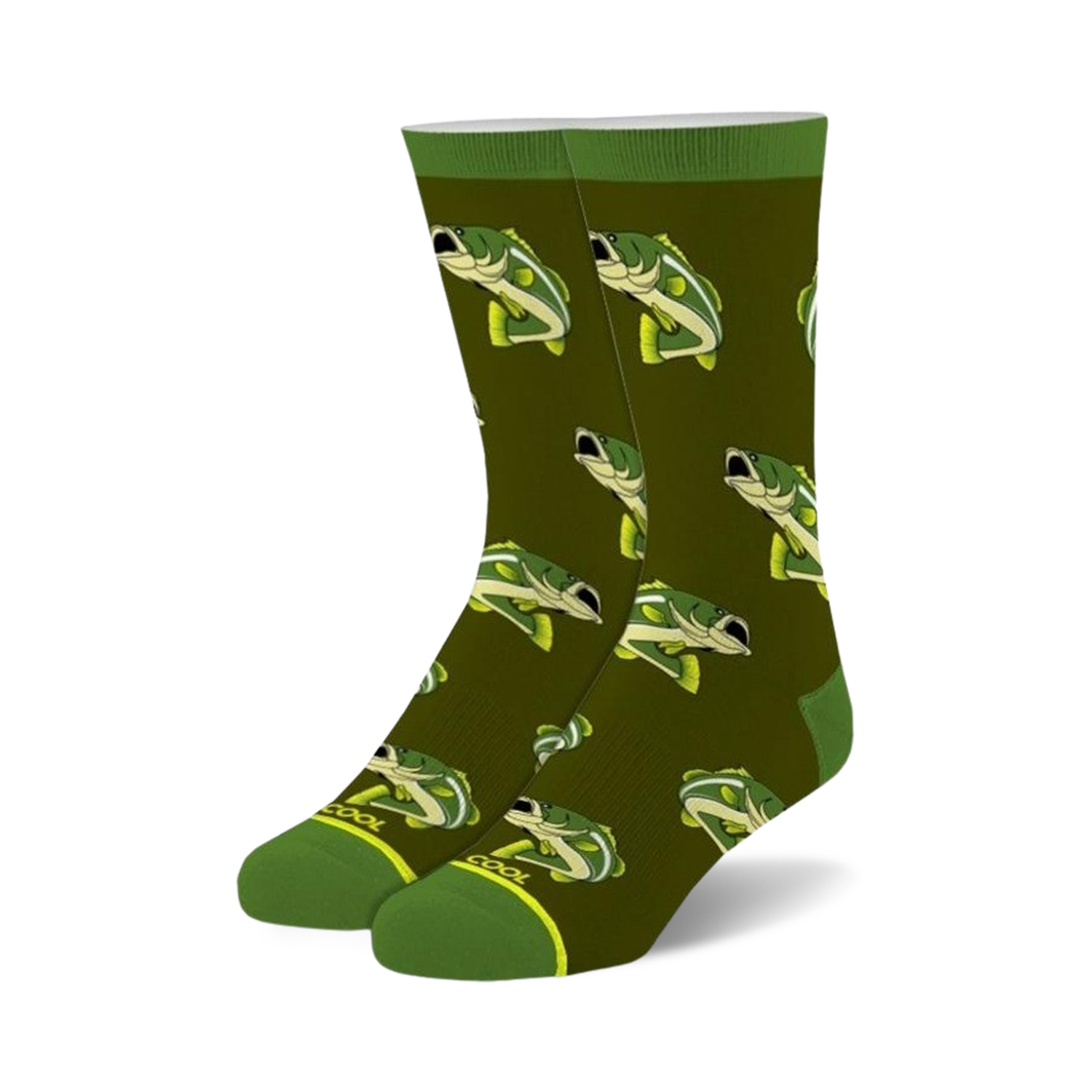 A pair of crew socks in olive green with a repeating pattern of illustrated yellow and green bass fish. 