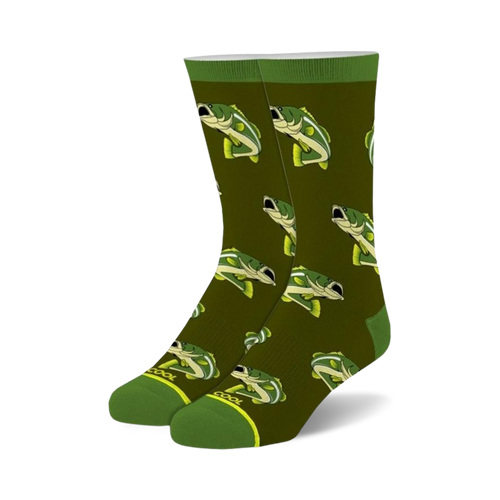 A pair of crew socks in olive green with a repeating pattern of illustrated yellow and green bass fish. 