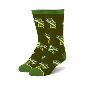 dark green crew socks with cartoon bass pattern for men and women.   
