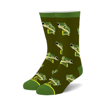 dark green crew socks with cartoon bass pattern for men and women.   