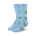A pair of light blue crew socks with a pattern of colorful trout and white bubbles. The socks are comfortable and stylish.