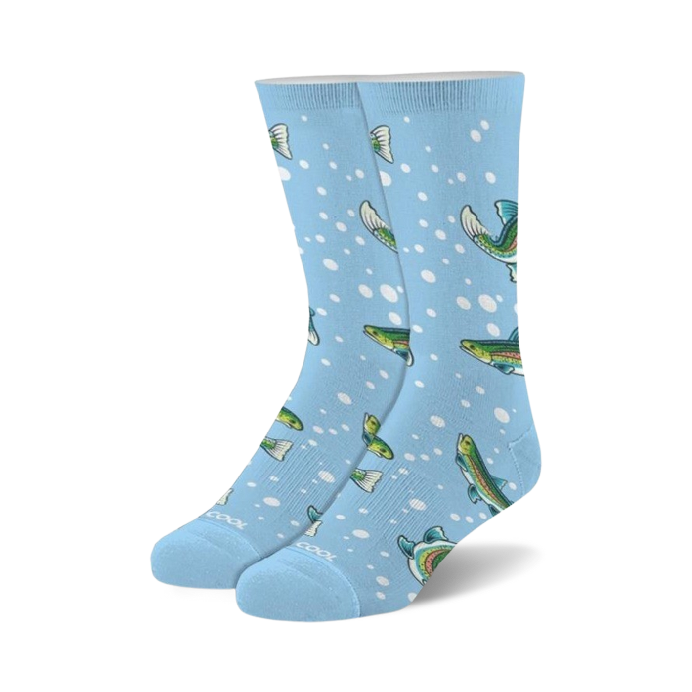 A pair of light blue crew socks with a pattern of colorful trout and white bubbles. The socks are comfortable and stylish.
