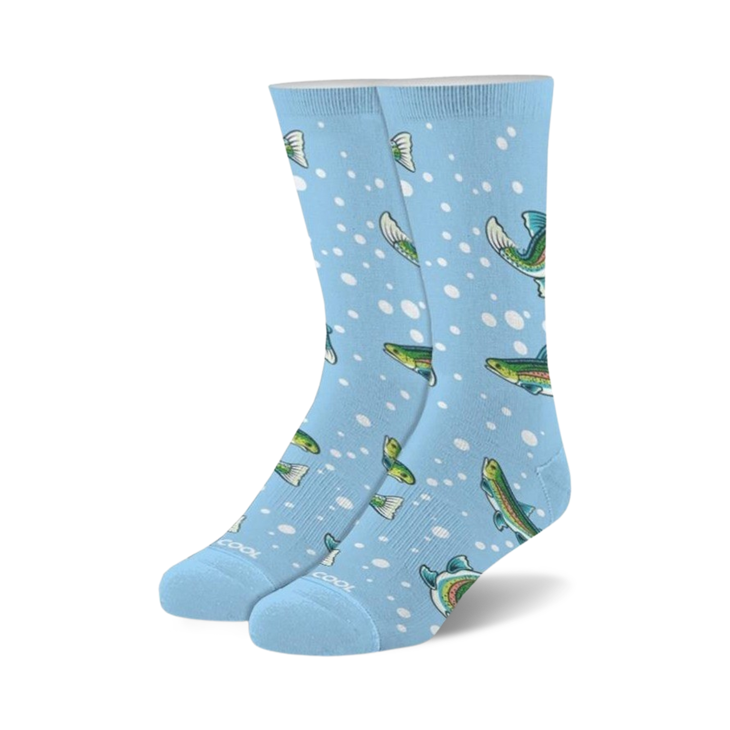 A pair of light blue crew socks with a pattern of colorful trout and white bubbles. The socks are comfortable and stylish.