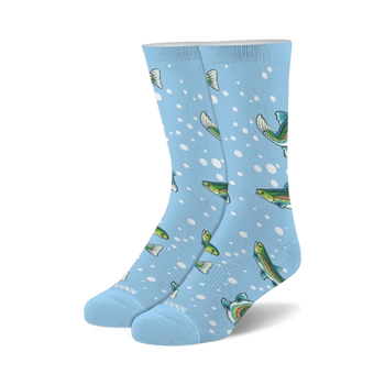 blue crew socks with cartoon trout fish and white polka dots. perfect for men and women who love animals or fishing.  