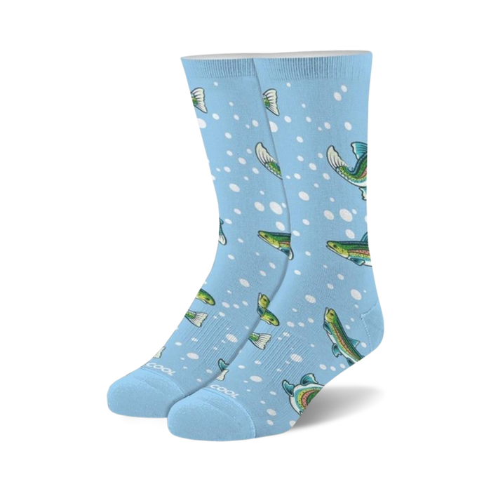 blue crew socks with cartoon trout fish and white polka dots. perfect for men and women who love animals or fishing.   }}