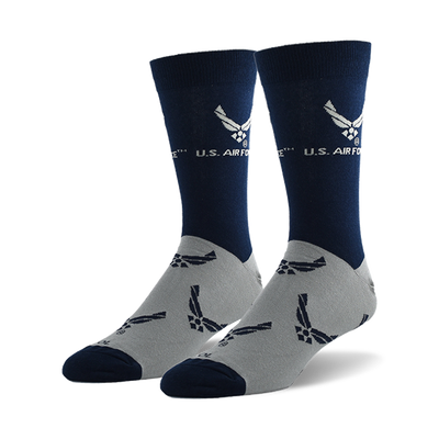 Pair of crew socks with dark blue cuffs and grey feet. Features white U.S. Air Force emblem and text.