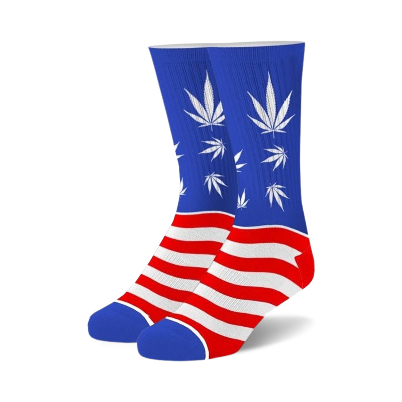 A pair of crew socks in blue and red. The socks feature an American flag design with white cannabis leaves on the blue portion.