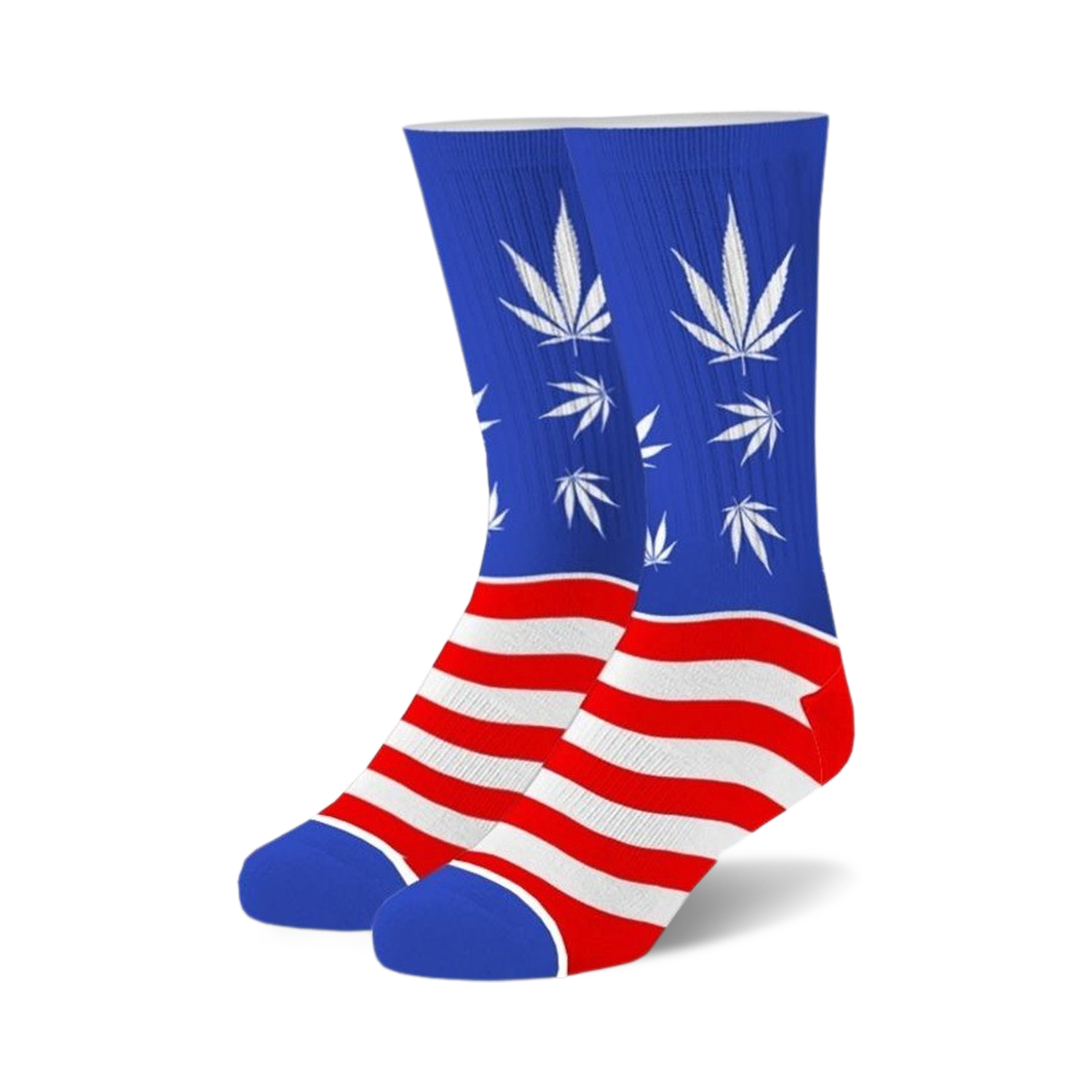A pair of crew socks in blue and red. The socks feature an American flag design with white cannabis leaves on the blue portion.
