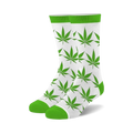 Pair of crew socks with a white background and bright green marijuana leaf pattern. Lime green cuffs.