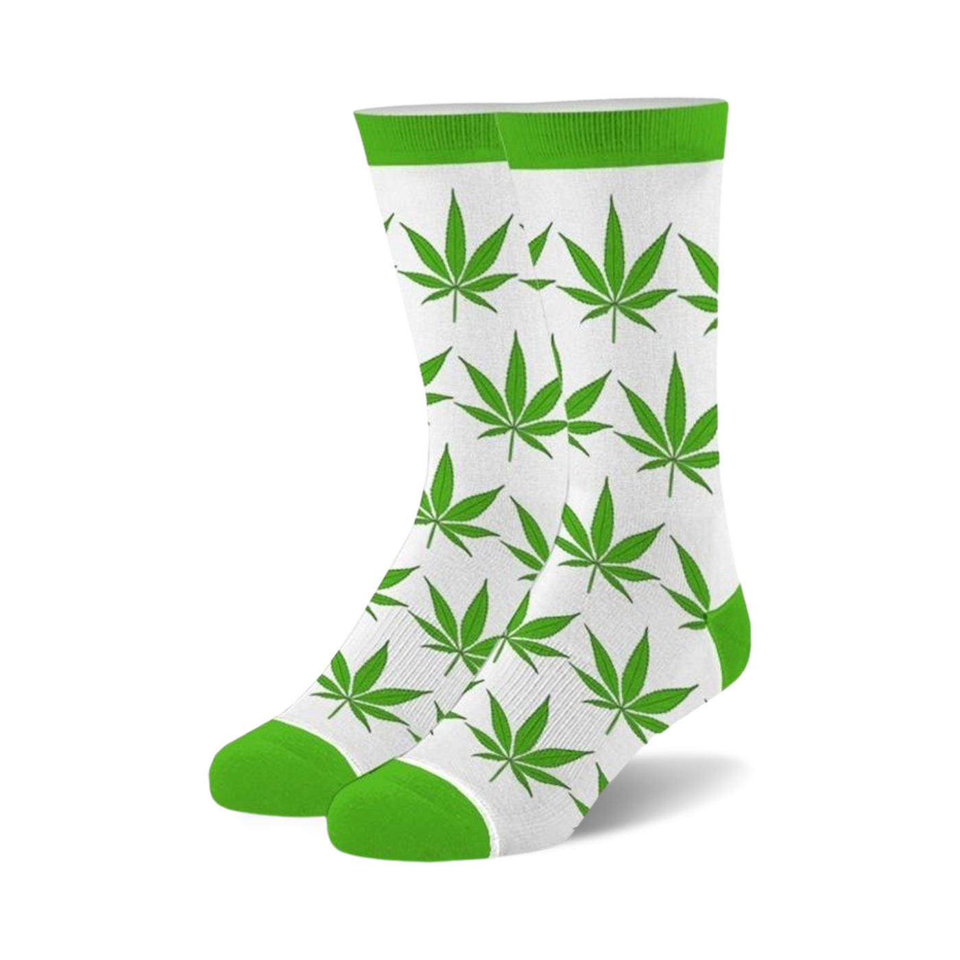 Pair of crew socks with a white background and bright green marijuana leaf pattern. Lime green cuffs.
