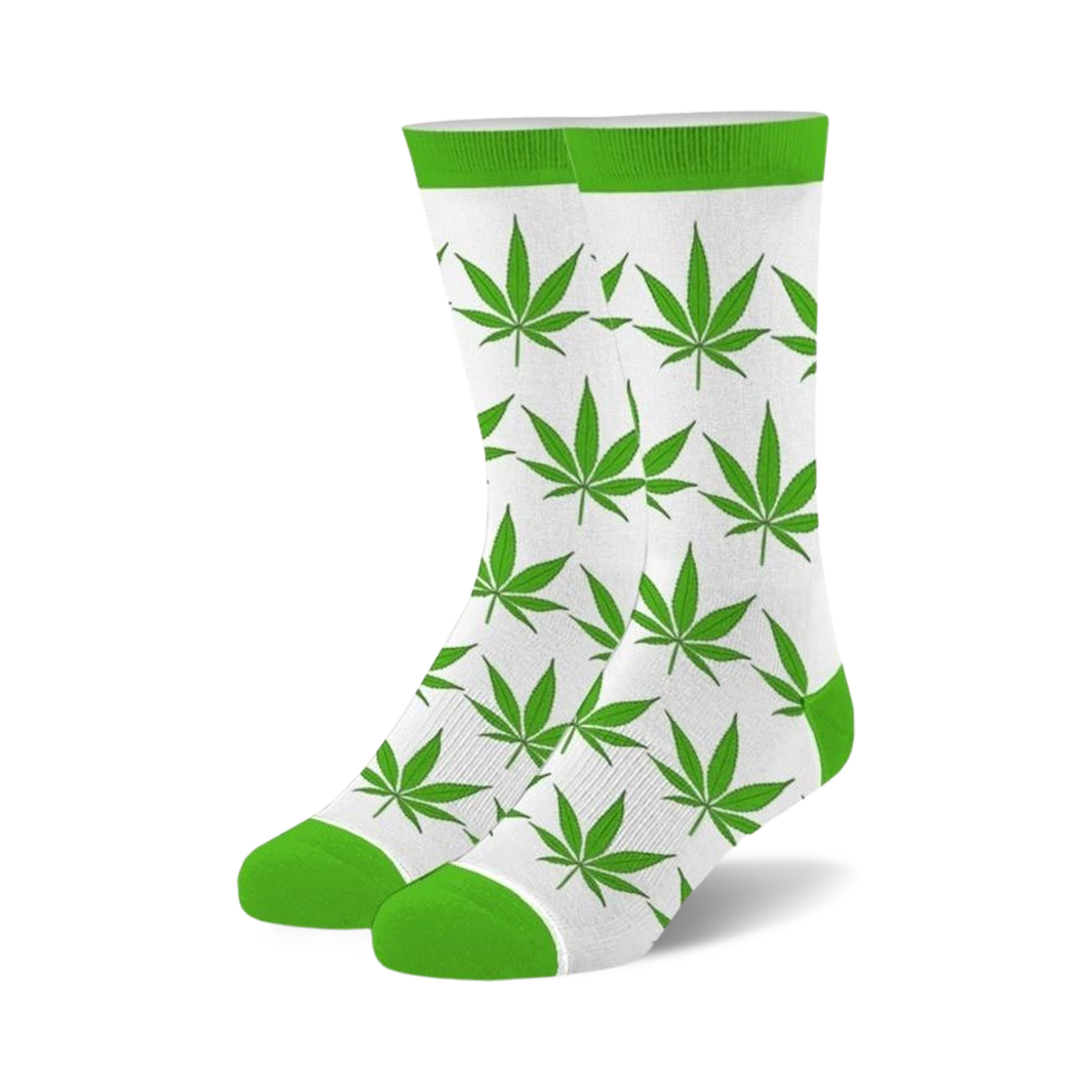 Pair of crew socks with a white background and bright green marijuana leaf pattern. Lime green cuffs.
