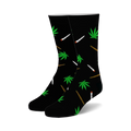 Pair of black crew socks with a whimsical design.  Green marijuana leaves and stylized joints are scattered across the black fabric.