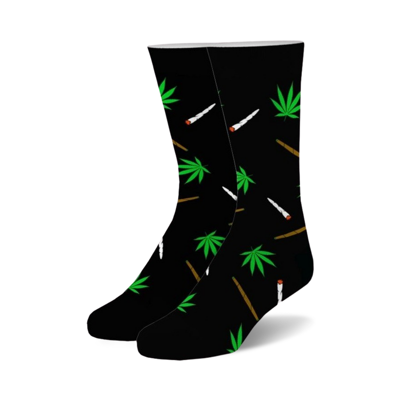 Pair of black crew socks with a whimsical design.  Green marijuana leaves and stylized joints are scattered across the black fabric.