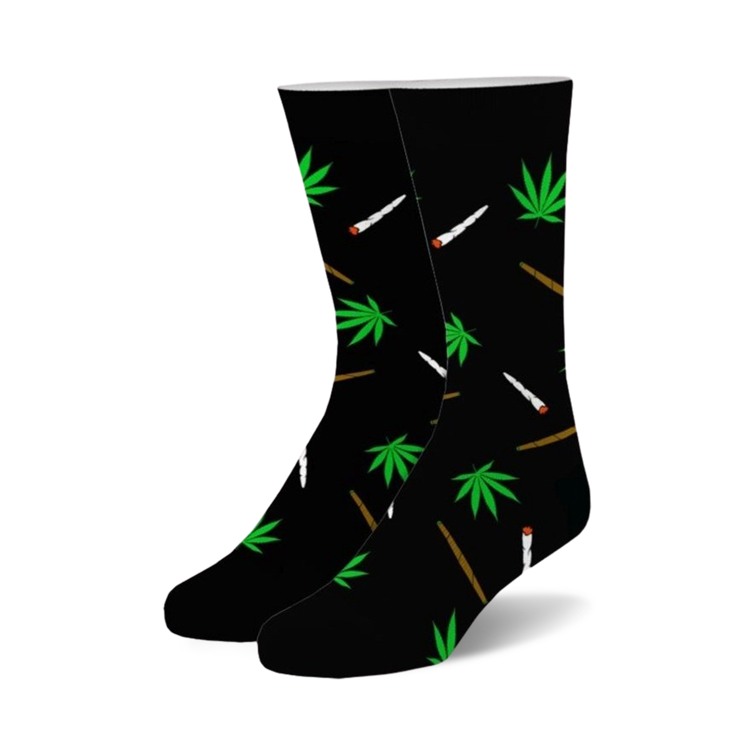 Pair of black crew socks with a whimsical design.  Green marijuana leaves and stylized joints are scattered across the black fabric.