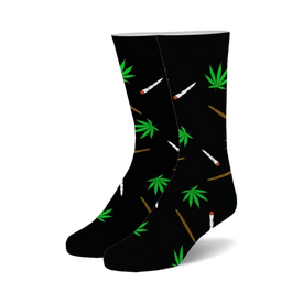 black crew socks with green marijuana leaves and brown marijuana joints pattern. for men and women.   