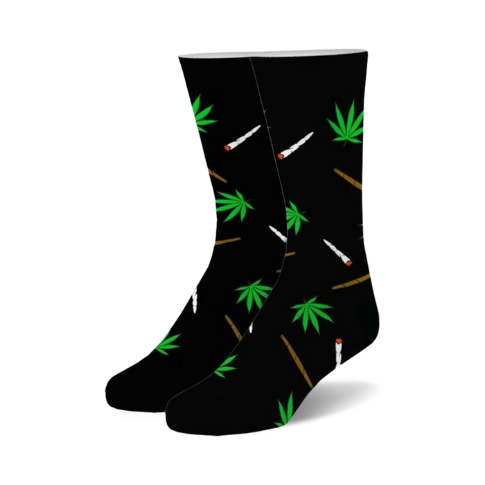 black crew socks with green marijuana leaves and brown marijuana joints pattern. for men and women.    }}