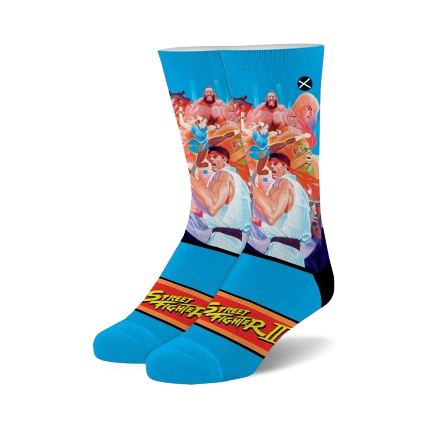 Crew socks in blue, red, and white, featuring Street Fighter II characters like Ryu and Blanka. 