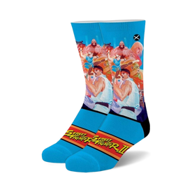 blue crew socks with a pattern of street fighter ii characters.  