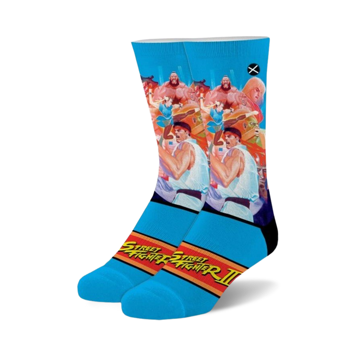 blue crew socks with a pattern of street fighter ii characters.   }}
