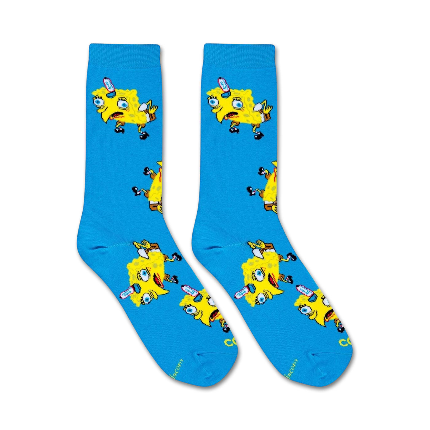 Lifestyle shot of Spongebob Chicken Bob socks on a person's feet. Shows how they look when worn.