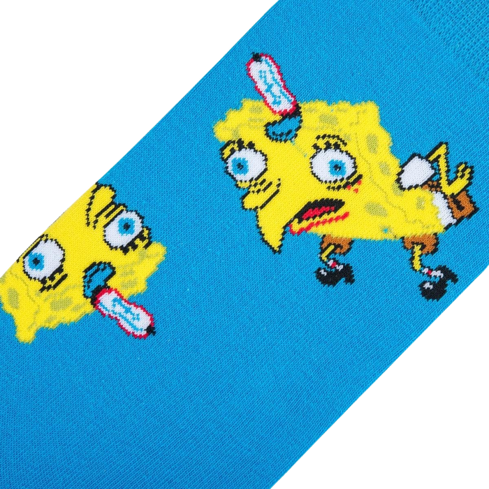 A pair of blue socks with a pattern of two cartoon characters. The characters are yellow and have large eyes. They are both making silly faces.