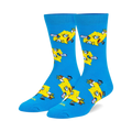 Pair of crew socks in bright blue featuring a repeating pattern of Spongebob Squarepants in a meme-inspired pose. Yellow and blue design.