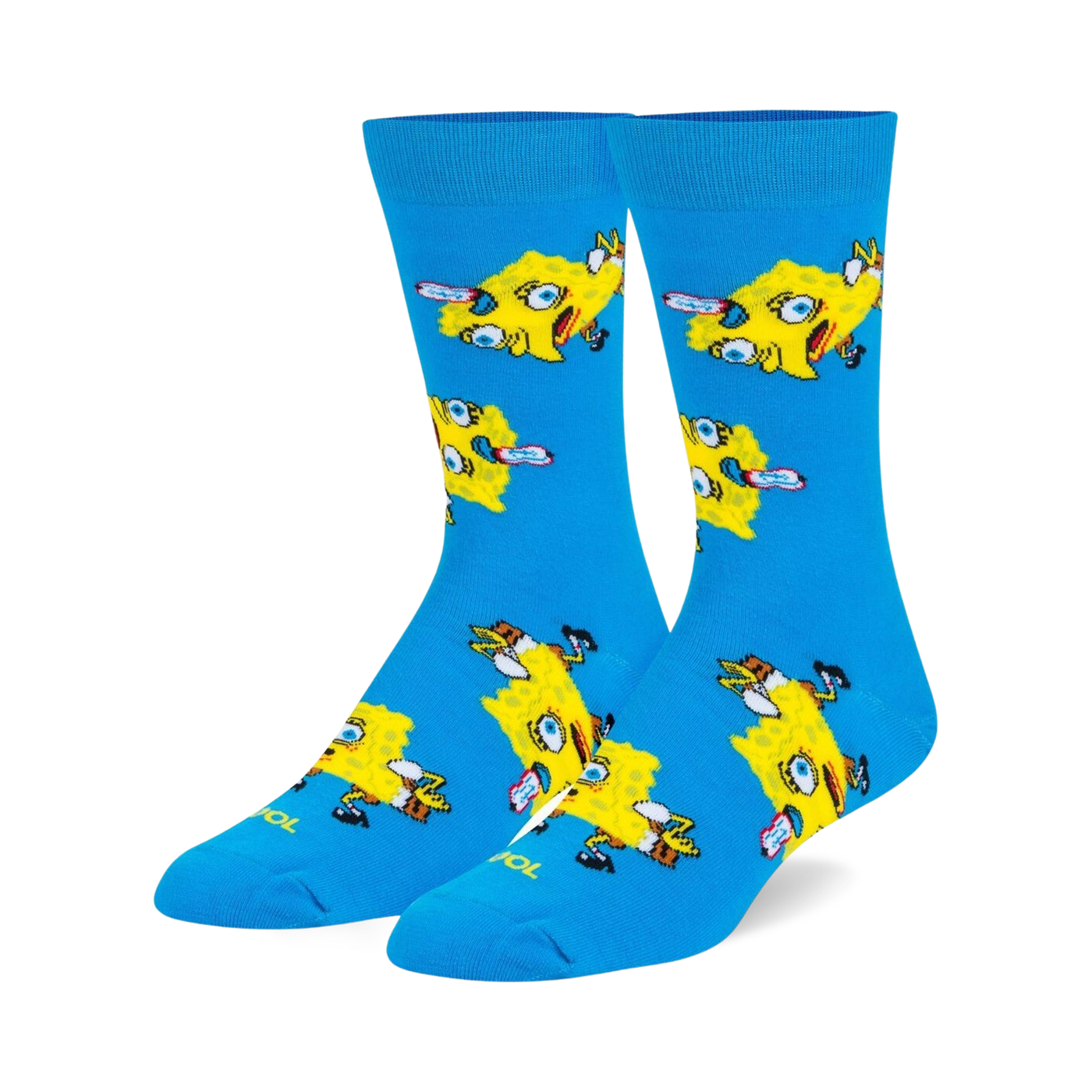 Pair of crew socks in bright blue featuring a repeating pattern of Spongebob Squarepants in a meme-inspired pose. Yellow and blue design.