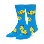 Pair of crew socks in bright blue featuring a repeating pattern of Spongebob Squarepants in a meme-inspired pose. Yellow and blue design.