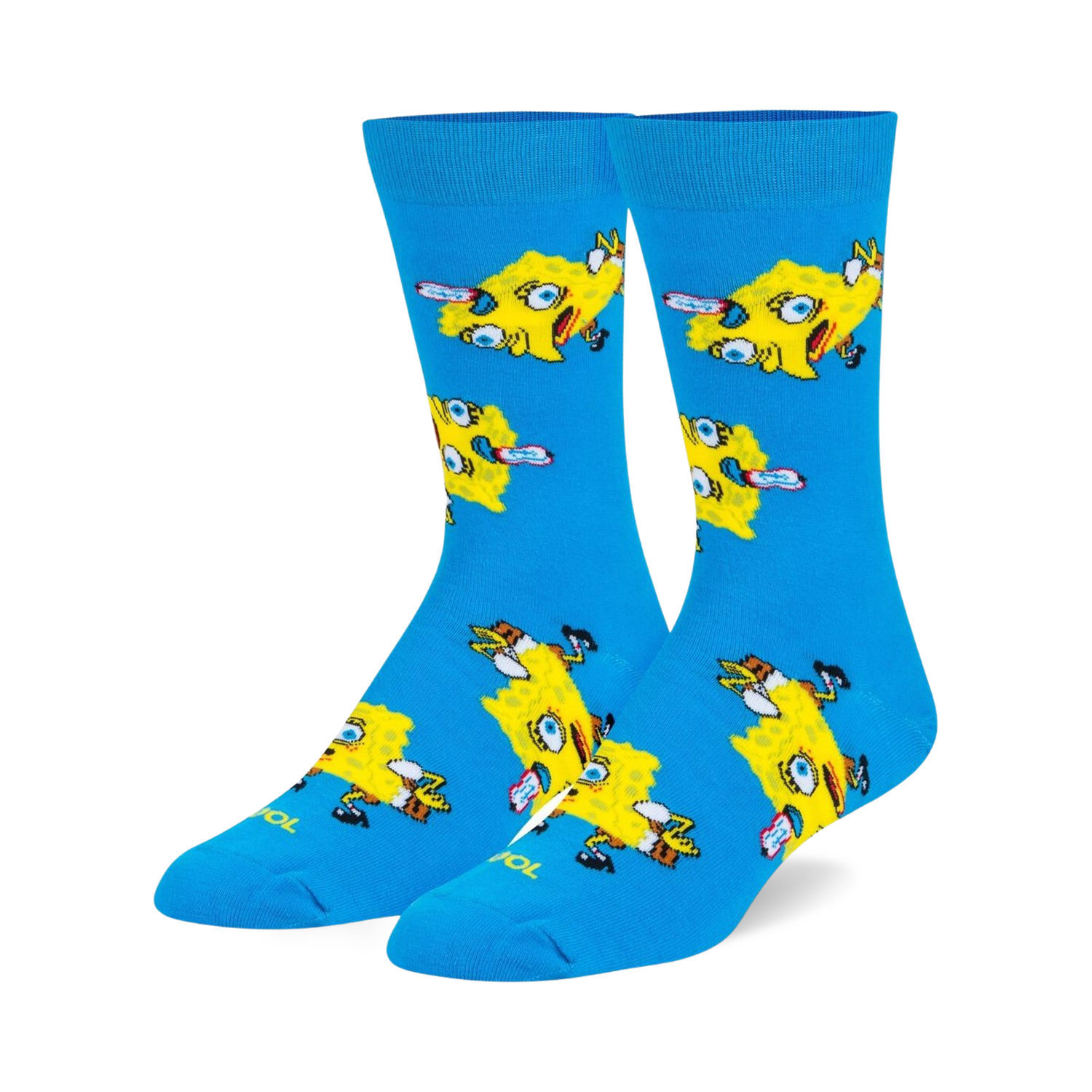 Pair of crew socks in bright blue featuring a repeating pattern of Spongebob Squarepants in a meme-inspired pose. Yellow and blue design.