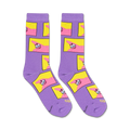 Flatlay showcasing a pair of lavender crew socks with a repeated pattern of Patrick Star's meme face.