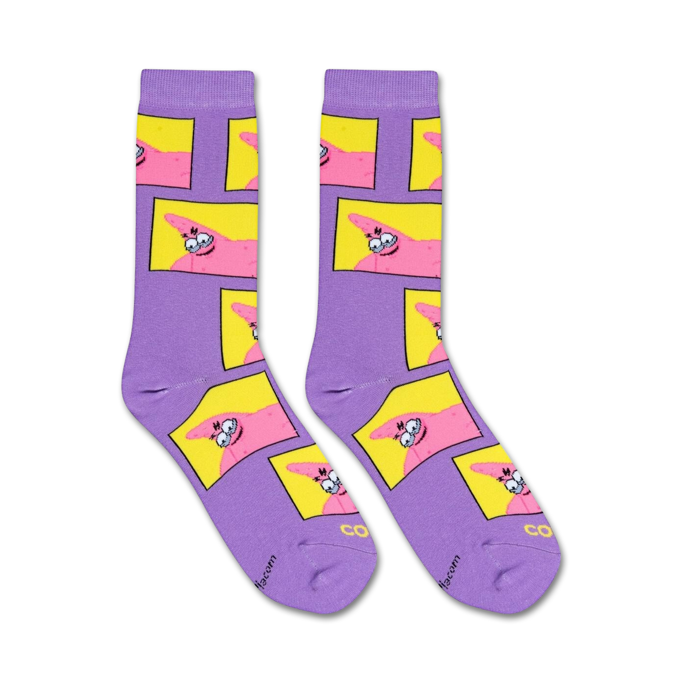 Flatlay showcasing a pair of lavender crew socks with a repeated pattern of Patrick Star's meme face.