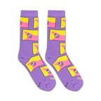 Flatlay showcasing a pair of lavender crew socks with a repeated pattern of Patrick Star's meme face.