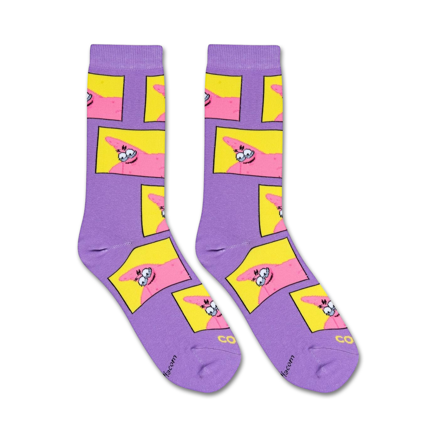 Flatlay showcasing a pair of lavender crew socks with a repeated pattern of Patrick Star's meme face.