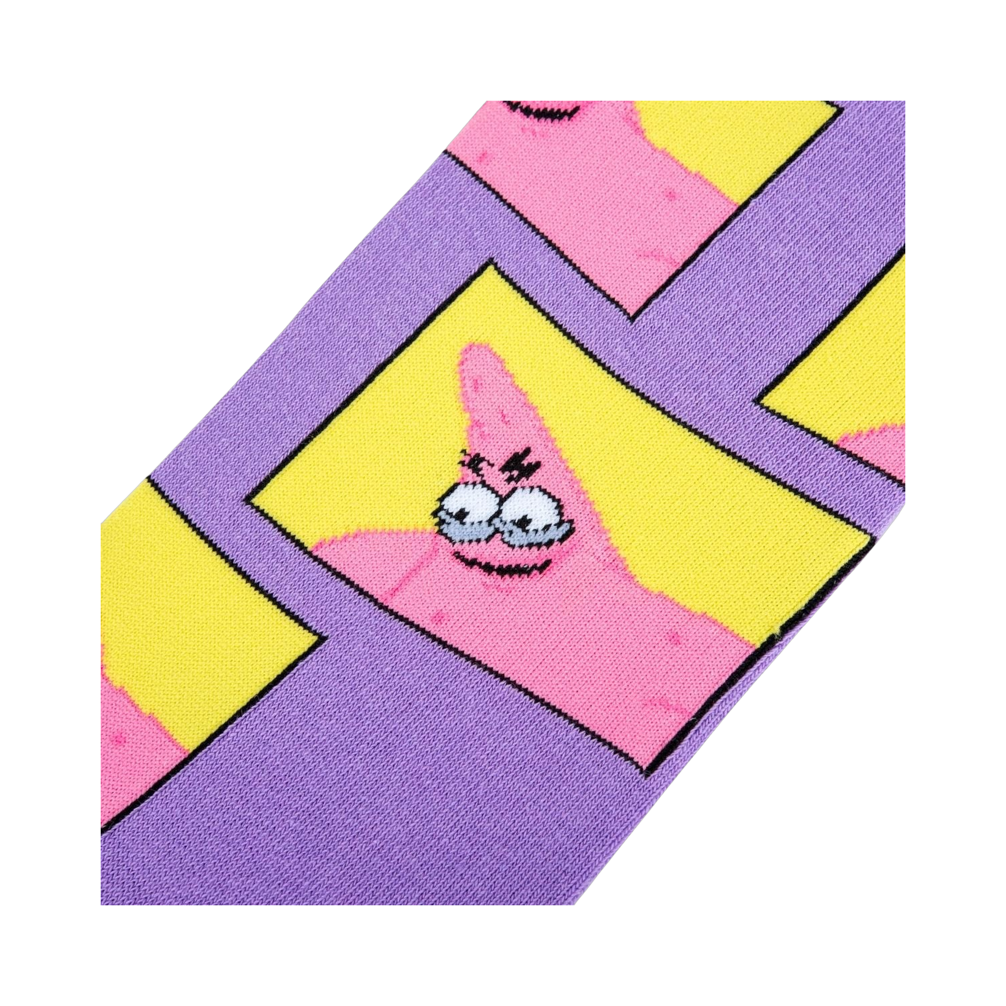 Close-up detail shot of the lavender and yellow sock design, highlighting Patrick Star's mischievous expression.