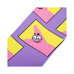 Close-up detail shot of the lavender and yellow sock design, highlighting Patrick Star's mischievous expression.