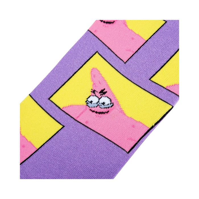 Close-up detail shot of the lavender and yellow sock design, highlighting Patrick Star's mischievous expression.