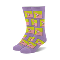 Pair of crew socks featuring a repeating pattern of Patrick Star's meme-worthy face on a lavender background with yellow squares. 